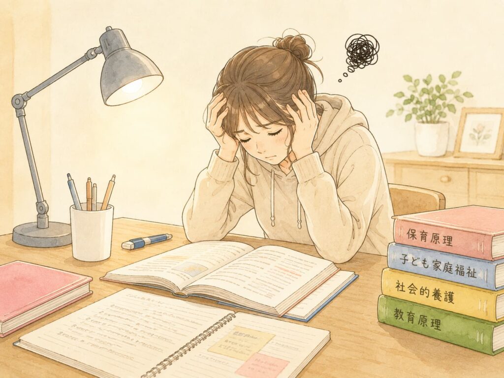 頭を抱えて机に向かう女性